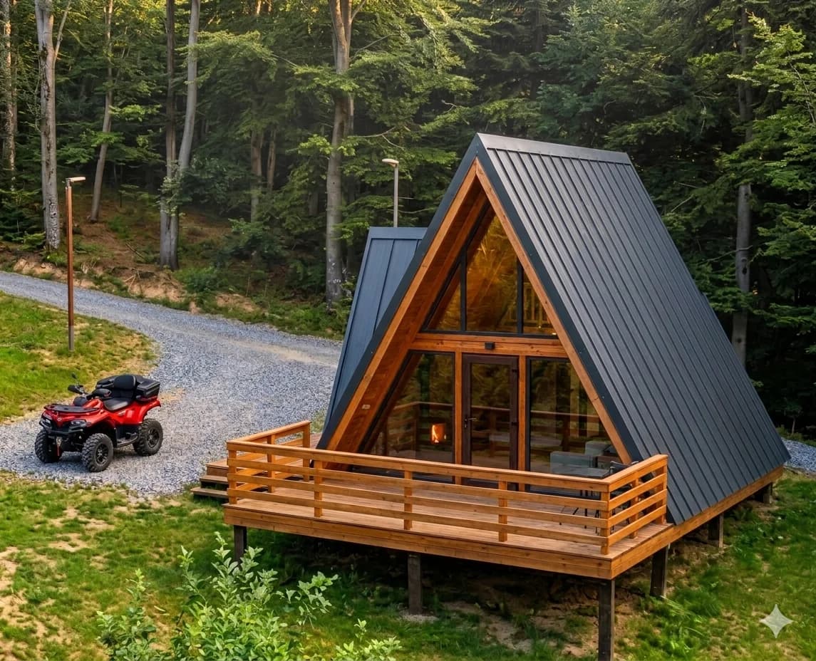 A-frame vikendica, pogled s prednje strane sa panoramskim staklenikom